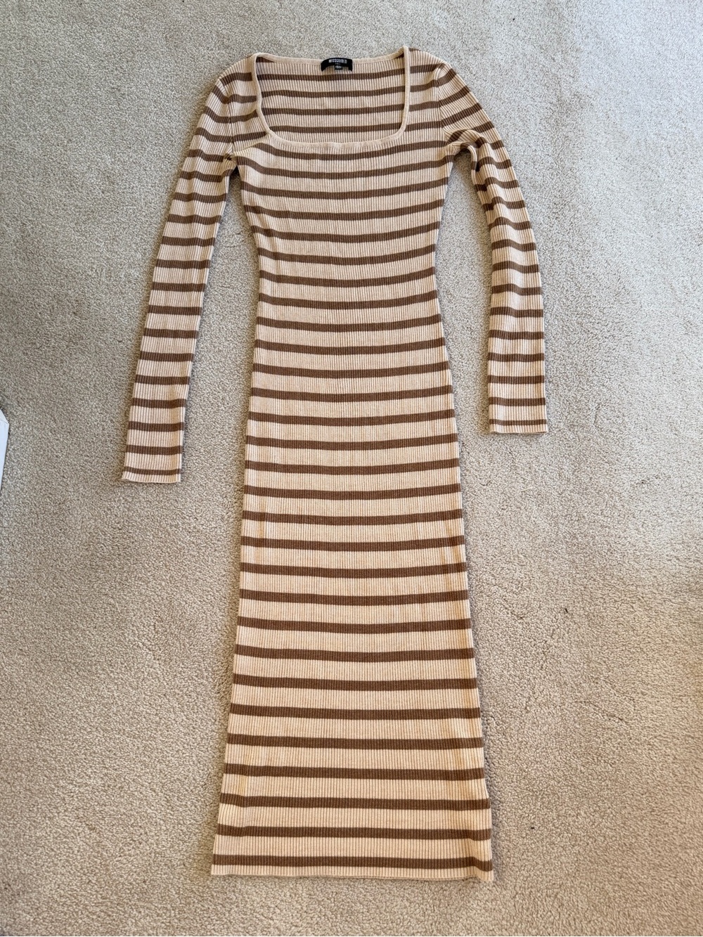 Missguided Striped Long Sleeve Ribbed Midi Dress - Beige & Brown
